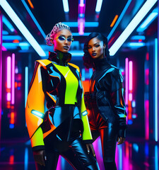 Bright, colorful fashion shooting with models in futuristic, avant-garde outfits, neon atmosphere. Female model in futuristic look in studio. generative AI