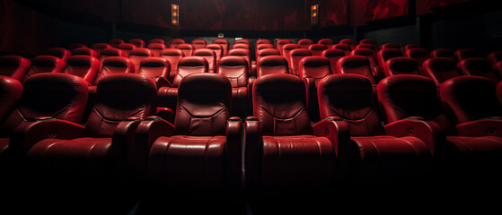 Empty Cinema red seats. Modern red Theater interior. Culture Concept. Generative AI