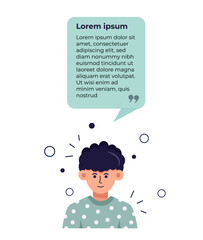 Lovely cute boy or man thinking. Vector illustration with mind clouds. Message bubbles with place for text. For quote