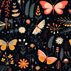 Moths and night-blooming flowers flat design seamless pattern