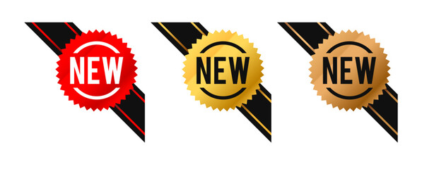 Corners new sign vector. Red, gold, and bronze ribbon labels. Vector illustration
