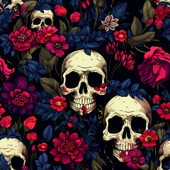 skulls and flower seamless pattern