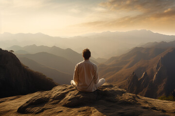 Man meditating on a mountain peak, while sunrise illuminating the valley. Generative AI