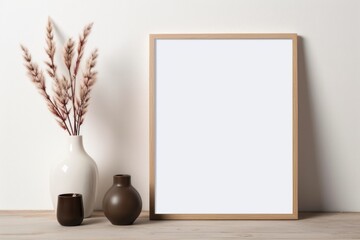 A serene setting featuring a frame mockup, an empty frame, and vases on a wooden table against a light brown and white minimalistic background. Generative AI
