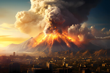 volcano over city erupts during daylight