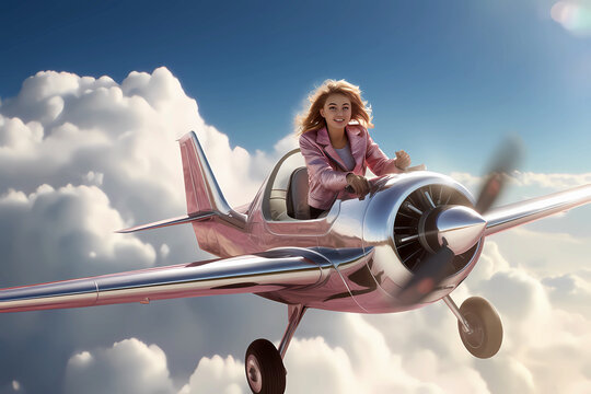 pretty girl or young woman flying cute tiny silver fantasy propeller airplane
