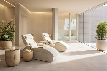 The beautiful, contemporary white interior of spa with big windows, luxurious furniture and artwor