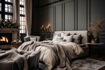 The interior of the hotel suite with bed with fluffy pillows and textile elements