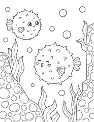 Black and white page for baby coloring book. Illustration of cute fishes swimming underwater. Printable for kids. Worksheet for children and adults. Hand-drawn vector image. Fish puffer coloring pages