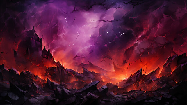 Burning hellfire in the underworld hell background illustration orange red purple - Generative AI