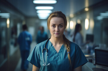 Doctor or Nurse Standing in a Hospital Corridor