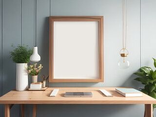 Blank horizontal poster frame mockup in minimal white style living room interior, modern living room interior background, Ai generative