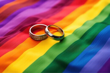 Two gold wedding rings on rainbow lgbt flag. Homosexual marriage