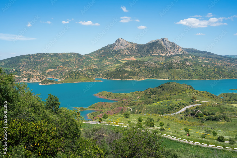 Sticker Aerial view of Reservoir Lake with Lagarin and Las Grajas Mountains - Zahara de la Sierra, Andalusia, Spain