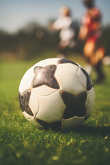 Close up soccer ball on green grass