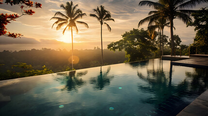 Infinity pool in Bali resort at evening - obrazy, fototapety, plakaty