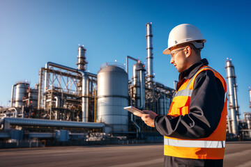 engineers in uniform walk and holding tablet checking in oil refinery field in morning,. High quality illustration
