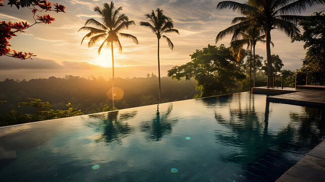 Infinity pool in Bali resort at evening