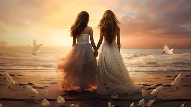 2 Women Holding Hands On The Beach At Sunset, Back Side Shot From Behind