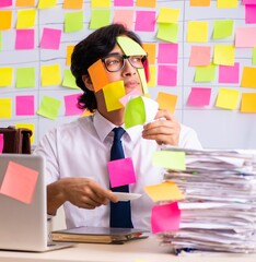 Young employee in conflicting priorities concept