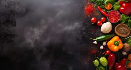 Vegetables set and spices for cooking on dark background