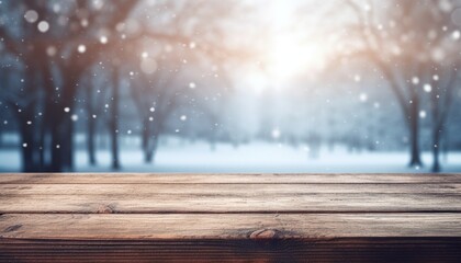 Empty Wooden table in front of winter landscape blurred background