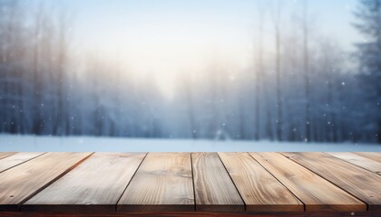 Empty Wooden table in front of winter landscape blurred background