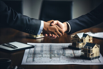 Estate agent shaking hands with buyer after signing the contract. Mortgage, home loan and insurance concept - obrazy, fototapety, plakaty