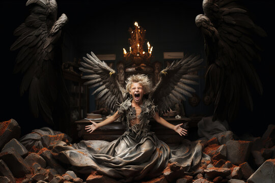 A blonde angelic boy with black wings and black clothing shouts with arms wide open in a dark office as he spreads his angelic wings