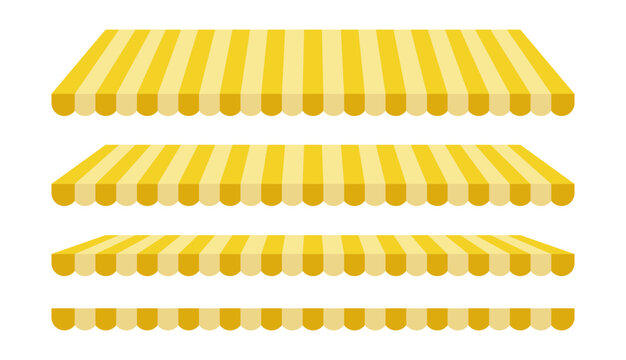 Shop roof. Yellow striped street food, restaurant, market stall, shop roof, tent, canopy, awning illustration set.