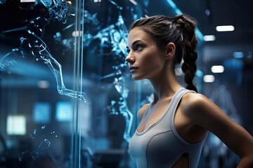 Innovation in sport. Fitness Woman use innovation for training. Innovation for getting stronger....