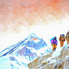 Watercolor of sherpas on himalayan mountain near Everest