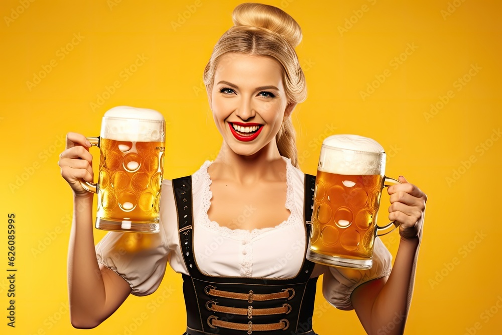 Wall mural Young sexy Oktoberfest waitress, wearing a traditional Bavarian dress, serving big beer mugs on yellow background