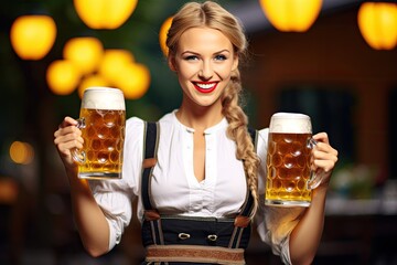 Young sexy Oktoberfest waitress, wearing a traditional Bavarian dress, serving big beer mugs  - obrazy, fototapety, plakaty