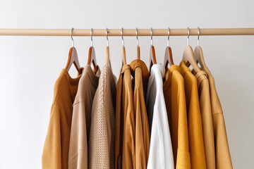 Autumn clothes hanging on a rack, warm pastel colors. Fashion, shopping concept, AI generative, illustration