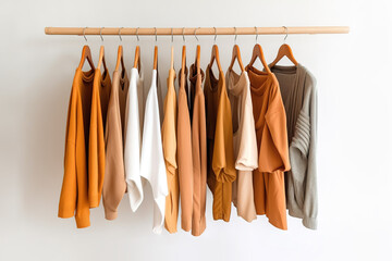 Autumn clothes hanging on a rack, warm pastel colors. Fashion, shopping concept, AI generative, illustration