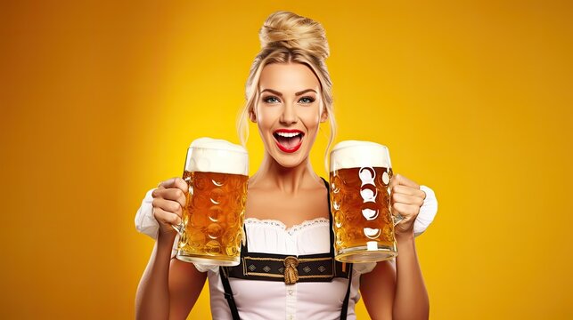 Young sexy Oktoberfest waitress, wearing a traditional Bavarian dress, serving big beer mugs on yellow background