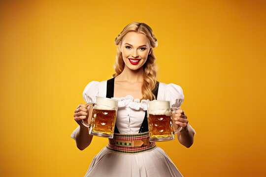 Young sexy Oktoberfest waitress, wearing a traditional Bavarian dress, serving big beer mugs on yellow background