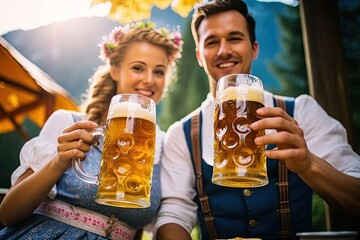 Young German Oktoberfest couple, wearing a traditional Bavarian dress, holding big beer mugs
