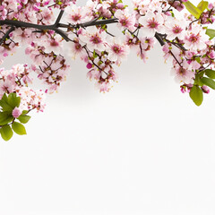 Cherry blossom wreath on white background negative space.