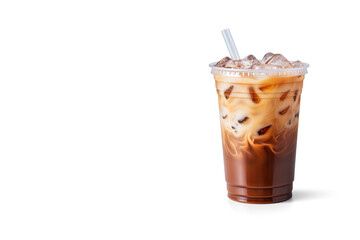 Iced coffee in plastic takeaway glass isolated on white background with copy space