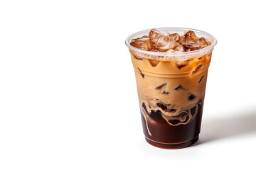 Iced coffee in plastic takeaway glass isolated on white background with copy space