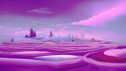 Imaginary natural scenery dominated by purple color.
