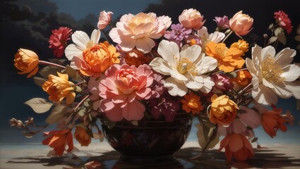 flowers in vase, flowers in old frame, colorful flowers, old decoration, Generative AI