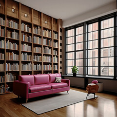 Modern room big window with sofa colored bookshelf background.
