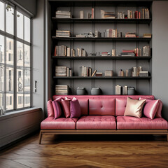 Modern room big window with sofa colored bookshelf background.
