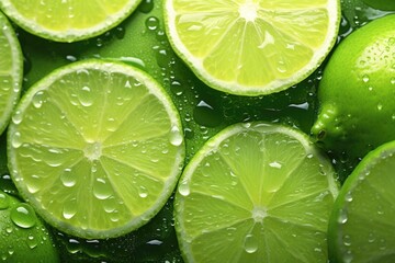 Fototapeta na wymiar Slices of fresh juicy green lemons. Lime fruit cut texture. Citrus section pattern. Vibrant color summer design. Flat lay, top view