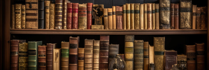 Old books on wooden bookshelves in a library. Generative AI