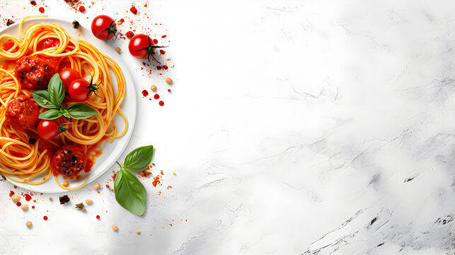 Spaghetti with tomato sauce and cherry tomatoes with basil on a white background. Generative AI