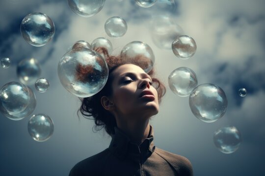 A person with thought bubbles floating above their head, symbolizing creative ideas and mental renewal,Surreal Photography concept, Generative AI